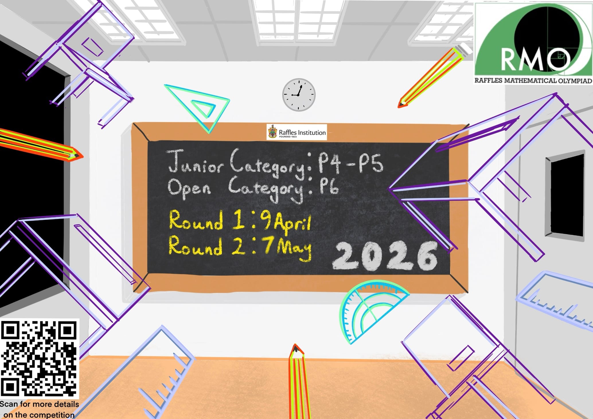 Raffles Mathematical Olympiad 2026 poster showing a chalkboard with round dates April 9 and May 7.